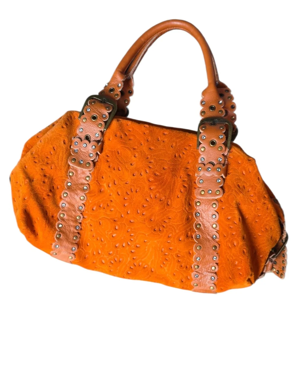 Charm And Luck Bright Orange Floral-Embossed Satchel with Studded Leather Straps